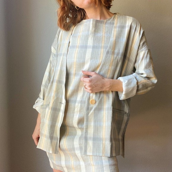 Theory Yellow Gray Plaid Mini Sleeveless Shift Dress - Picture 4 of 7